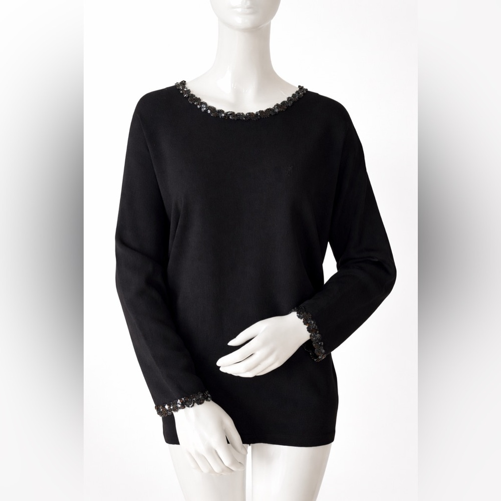 Yves Saint Laurent Black Batwing Top | Sequin Trim Draped Blouse Made in France - Picture 3 of 11